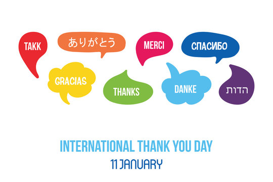 International thank you day illustration, card with cute colorful speech bubbles with words of appreciation in different languages.
