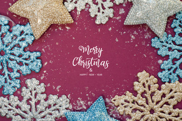 Fototapeta na wymiar Merry Christmas and Happy New Year. Christmas background with shining snowflakes and stars.