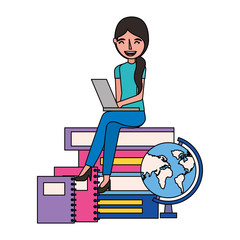 student woman with laptop books and school globe