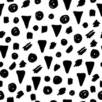 Handmade contrast seamless pattern. Childish craft monochrome wallpaper for birthday card, baby nappy, school party advertising, shop sale poster, holiday wrapping paper, textile, bag print etc.