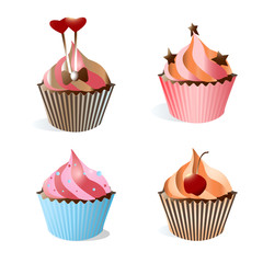 Vector illustration of four sweet birthday cupcakes