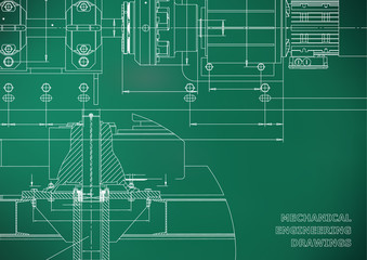 Mechanical engineering drawings. Technical Design. Engineering backgrounds. Blueprints. Light green background. Grid