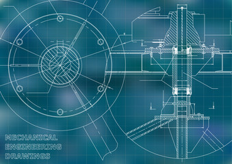 Mechanical engineering drawing. Blue background. Grid