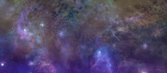 Obraz na płótnie Canvas Ethereal Starry Night Sky Background - Richly coloured deep space banner background with many different stars, planets and cloud formations 