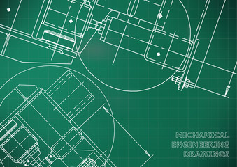 Mechanical Engineering drawing. Blueprints. Mechanics. Cover. Light green background. Grid