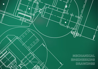 Mechanical Engineering drawing. Blueprints. Mechanics. Cover. Light green background. Grid