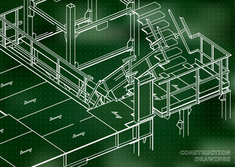 Building. Metal constructions. Volumetric constructions. 3D design. Abstract backgrounds. Green background. Points