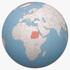Sudan on the globe. Earth hemisphere centered at the location of the Republic of the Sudan. Sudan map.