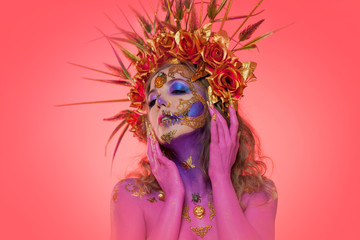 Portrait of a woman with face art in the style of the day of the dead and the Renaissance