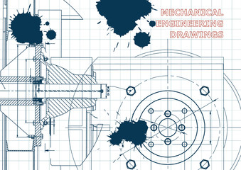 Technical illustration. Mechanical engineering. Backgrounds of engineering subjects. Technical design. Instrument making. Draft. Ink. Blots