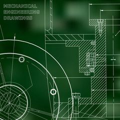Backgrounds of engineering subjects. Technical illustration. Mechanical engineering. Green background. Grid