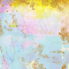 Colorful Collage texture background in pastel shades with grungy brush strokes, patterns and gold details. Bohemian and artistic style with glitter, drips, stains and paint effect. © Lu Otero