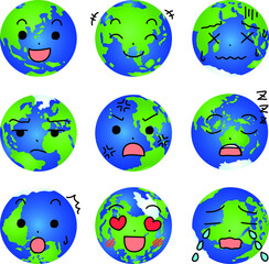 Facial expression of a round blue gradation earth set