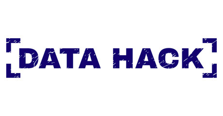 DATA HACK text seal print with corroded style. Text tag is placed between corners. Blue vector rubber print of DATA HACK with corroded texture.