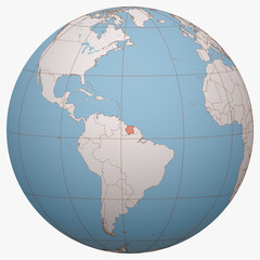 Suriname on the globe. Earth hemisphere centered at the location of the Republic of Suriname. Surinam map.