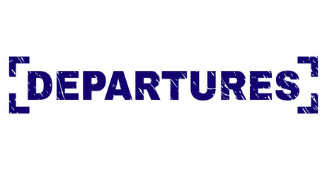 DEPARTURES text seal stamp with distress texture. Text title is placed between corners. Blue vector rubber print of DEPARTURES with dirty texture.
