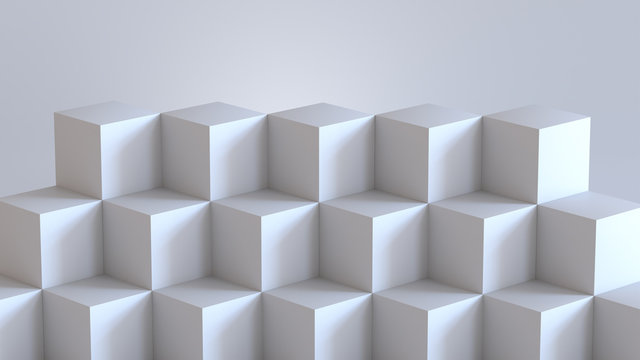 White cube boxes with white blank wall background. 3D rendering.