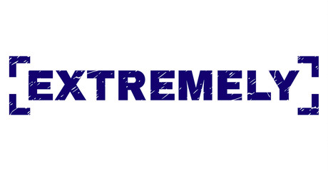 EXTREMELY text seal print with corroded texture. Text tag is placed between corners. Blue vector rubber print of EXTREMELY with corroded texture.