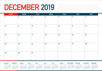 December 2019 desk calendar vector illustration