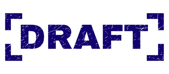 DRAFT text seal print with corroded texture. Text title is placed between corners. Blue vector rubber print of DRAFT with retro texture.