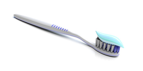 Dental care. Tooth paste on a toothbrush isolated on white background. 3d illustration