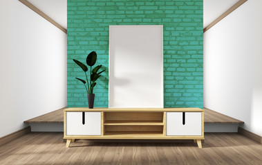 cabinet design, modern living room with mint brick wall on white wooden floor. 3d rendering