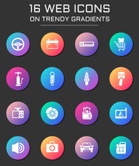 car shop icon set. car shop web icons on round trendy gradients