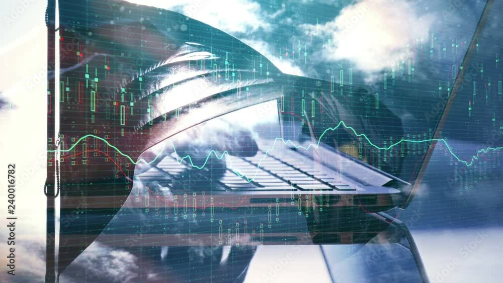 Poster abstract 4k animation of waving flag and hands typing on laptop keyboard close up on sky background.