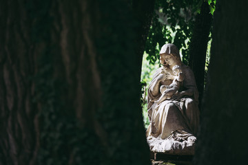 Statue d'une vierge et enfant au milieu des bois