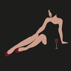 Cartoon with beautiful sitting lady in black dress with a glass of wine.