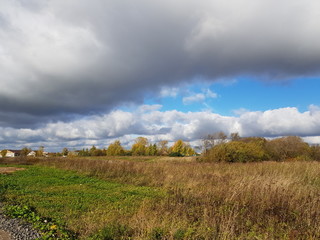 Fototapeta na wymiar straw and field, blue sky on a sunny day