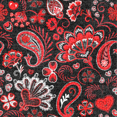 Denim seamless pattern. Denim floral background. Black jeans cloth. Jeans background hand draw paisley flowers