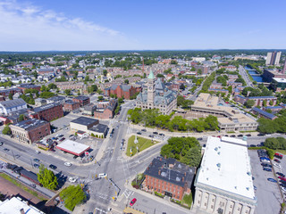 Lowell City Hall and downtown aerial view in downtown Lowell, Massachusetts, USA.