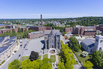 Lowell Immaculate Conception Church aerial view in Lowell, Massachusetts, USA.