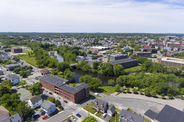 Fototapeta na wymiar Lowell historic downtown aerial view in Lowell, Massachusetts, USA.