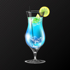 Realistic cocktail blue lagoon glass vector illustration on transparent background