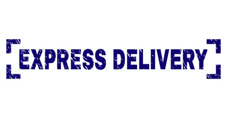 EXPRESS DELIVERY text seal print with grunge style. Text tag is placed between corners. Blue vector rubber print of EXPRESS DELIVERY with corroded texture.