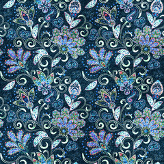 Denim seamless pattern. Denim floral background. Blue jeans cloth. Jeans background hand draw paisley flowers