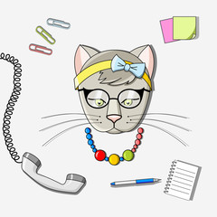 Gray cat with glasses rim and beads. Office tools