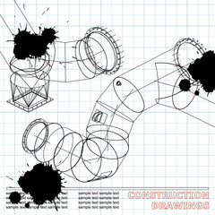 Drawings of steel structures. Pipes and pipe. 3d blueprint of steel structures. Background for your design. Draft. Black Ink. Blots