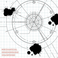 Mechanical engineering drawings. Engineering illustration. Draft. Black Ink. Blots