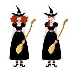 Design Elements for Halloween. Halloween Symbols. Young witch in a black dress with a broom in hand on a white background.