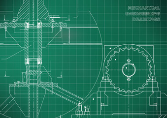 Engineering backgrounds. Mechanical engineering drawings. Blueprints. Cover. Technical Design. Light green background. Grid