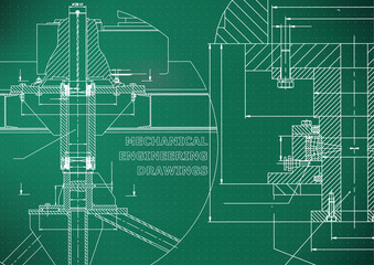 Mechanical engineering. Technical illustration. Backgrounds of engineering subjects. Technical design. Instrument making. Cover, banner. Light green background. Points