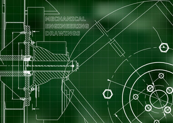 Technical illustration. Mechanical engineering. Green background. Grid