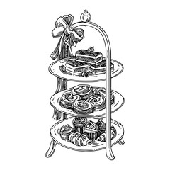 Afternoon tea high stand with sweets. Sketch. Engraving style. Vector illustration.
