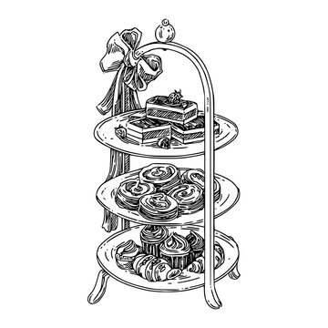 Afternoon tea high stand with sweets. Sketch. Engraving style. Vector illustration.