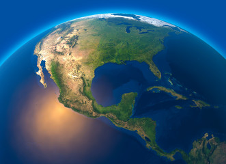Mappa fisica del mondo, vista satellitare dell'America centrale. Globo. Emisfero. Rilievi e oceani. Rendering 3D - obrazy, fototapety, plakaty