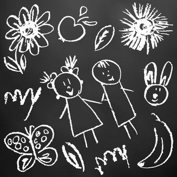 Children's drawings. Elements for the design of postcards, backgrounds, packaging. Printing for clothing. Drawing chalk on a black board. Flowers, children, butterfly, banana