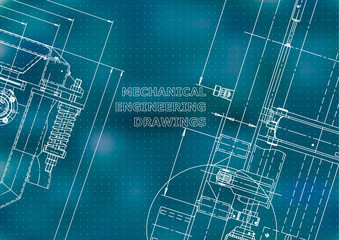 Blueprint, Sketch. Vector engineering illustration. Cover, flyer, banner, background. Instrument-making drawings. Mechanical engineering drawing. Technical illustrations. Blue background. Points